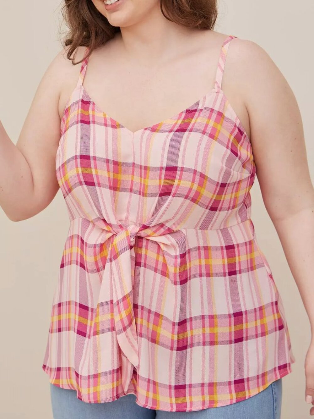 TORRID 2 Plus Size Peplum Georgette Tie Front Cami Pink Plaid Summer Tank Top 2X